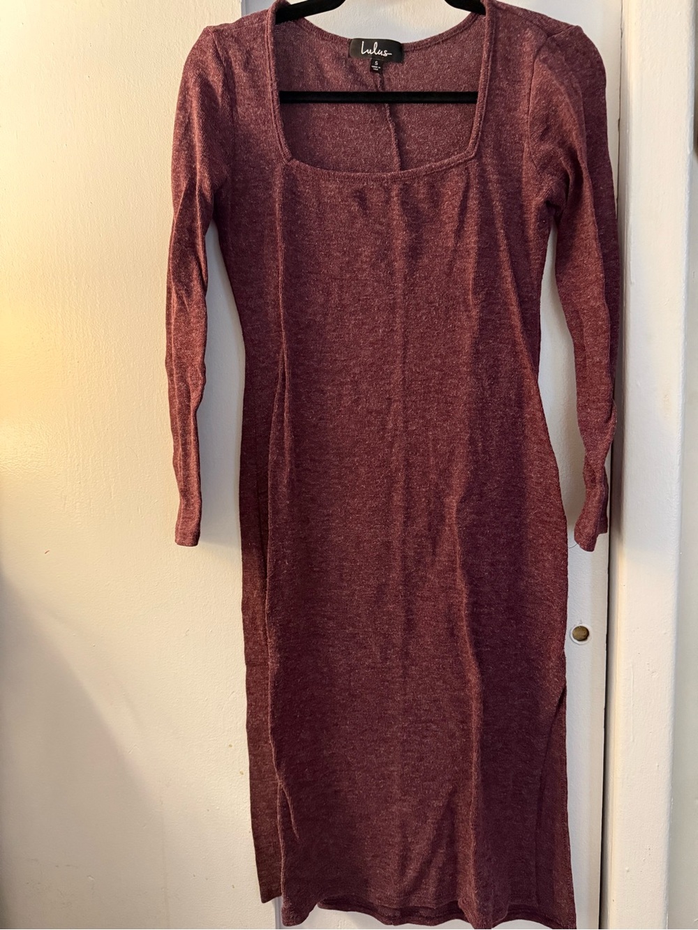 Lulu's Wine-Red Long Sleeve Midi Square Neck Dress